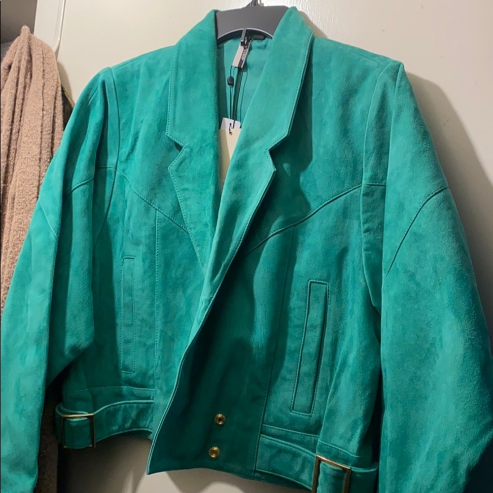 Hawkes Vintage Retro Leather Suede Jacket GREEN Verdigris Gold - TOPSHOP - NWT